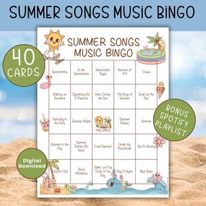 Puede incluir: Una tarjeta de bingo de canciones de verano imprimible con 40 tarjetas. La tarjeta tiene un tema de verano con un sol, palmeras y una piscina. La tarjeta tiene un espacio libre y 24 casillas con t&iacute;tulos de canciones de verano.