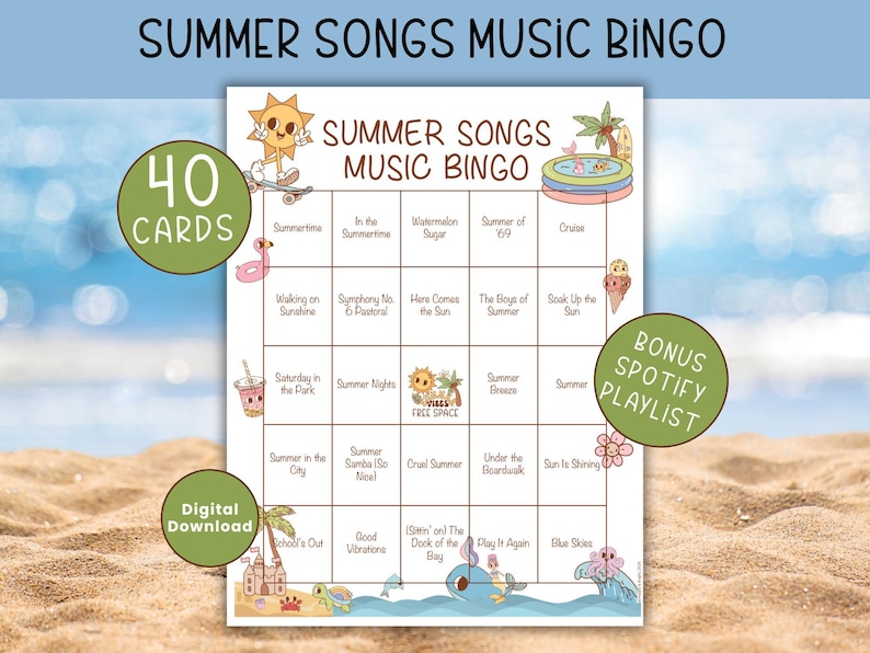 Puede incluir: Una tarjeta de bingo de canciones de verano imprimible con 40 tarjetas. La tarjeta tiene un tema de verano con un sol, palmeras y una piscina. La tarjeta tiene un espacio libre y 24 casillas con t&iacute;tulos de canciones de verano.