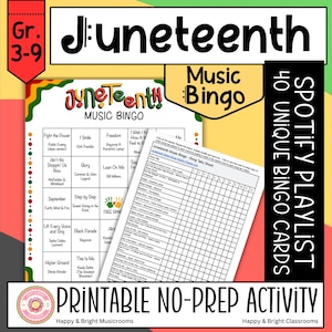 Juneteenth Music Bingo Game | Printable Classroom Activity for Kids | Song Playlist Featuring Black Artists | Celebration of Freedom June 19