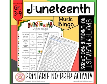 Juneteenth Music Bingo Game | Printable Classroom Activity for Kids | Song Playlist Featuring Black Artists | Celebration of Freedom June 19