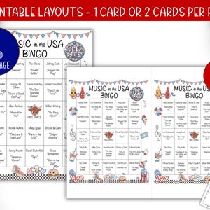 May include: Printable bingo game with patriotic themes. The game features two layout options: one card or two cards per page. The bingo cards are decorated with musical notes, stars, and other festive elements. The text "MUSIC in the USA BINGO" is displayed.