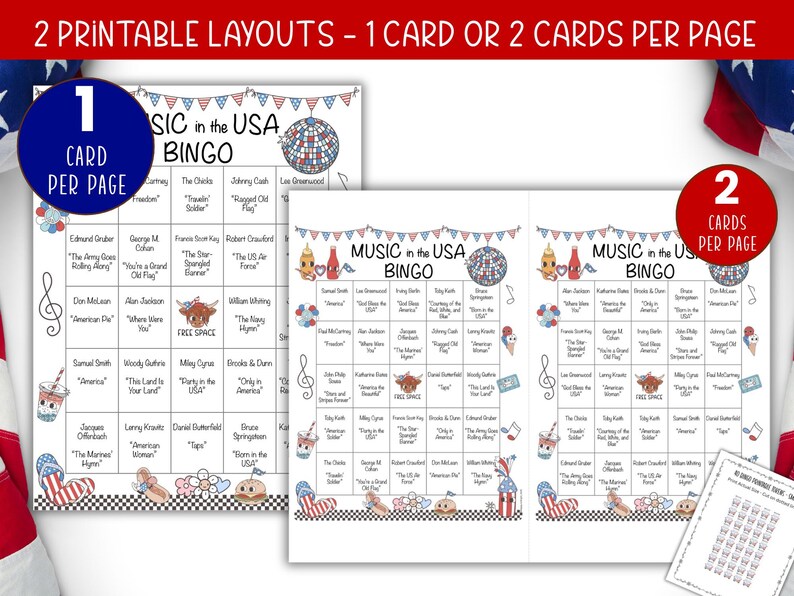 May include: Printable bingo game with patriotic themes. The game features two layout options: one card or two cards per page. The bingo cards are decorated with musical notes, stars, and other festive elements. The text "MUSIC in the USA BINGO" is displayed.