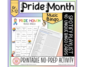 Pride Month Music Bingo Game | LGBTQIA+ Music Printable Activity for Grades 7–12 Classroom Resource | Pride Month Party Game Music Playlist