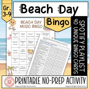 Jeu de bingo à musique à la plage : activité musicale estivale pour enfants, jeu à imprimer pour la classe avec liste de lecture Spotify, jeu de fin d&#39;année au collège