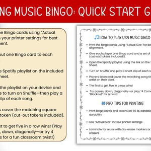 May include: A quick start guide for Spring Music Bingo. The guide includes instructions on how to play, including printing the cards, using the Spotify playlist, and covering matching squares. It also provides printing tips for durability and reuse.