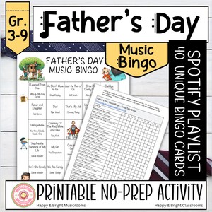 Jeu de bingo musical pour la fête des pères | Cartes de bingo imprimables avec liste de lecture de chansons | Activité amusante pour les enfants, les salles de classe, les familles et les soirées jeux