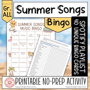 Bingo musical de verano, actividad imprimible para el aula, plan de música, juego de escucha de verano, bingo de Spotify, bingo musical de secundaria