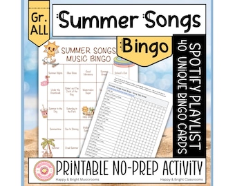 Summer Songs Music Bingo | Printable Party Game for Families, Kids & Classrooms