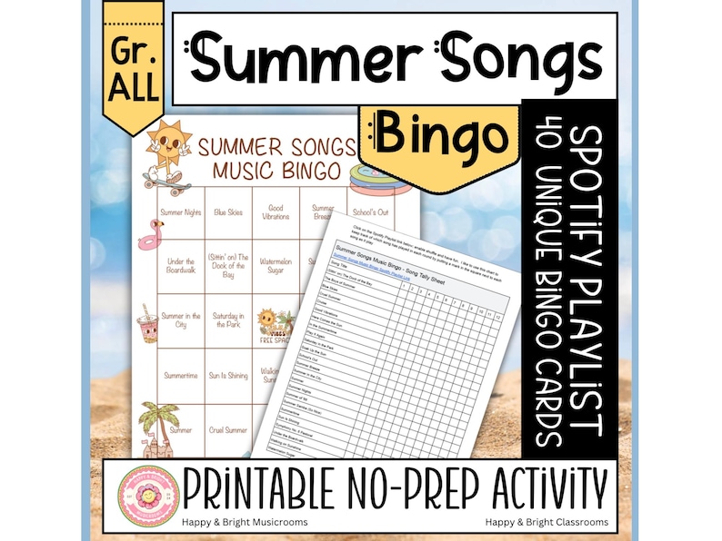 Puede incluir: Un juego de bingo de canciones de verano imprimible con un tema de playa colorido. El juego incluye una tarjeta de bingo con t&iacute;tulos de canciones de verano y una hoja de conteo para llevar un registro de las canciones reproducidas. El juego tambi&eacute;n incluye una lista de reproducci&oacute;n de Spotify con 40 canciones &uacute;nicas.