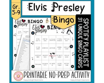 Bingo musical de Elvis Presley / Juego de canciones imprimibles para divertirse en familia, en aulas y fiestas