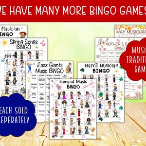 May include: A collection of bingo game cards with musical themes. The cards feature illustrations of musicians and song titles, with text that reads "WE HAVE MANY MORE BINGO GAMES!" and "EACH SOLD SEPERATELY". The cards are in various colors.