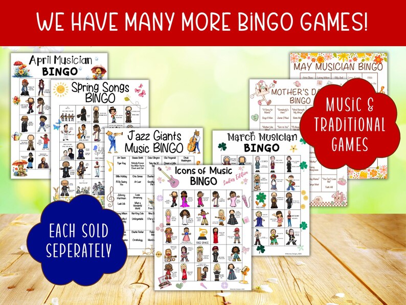 May include: A collection of bingo game cards with musical themes. The cards feature illustrations of musicians and song titles, with text that reads "WE HAVE MANY MORE BINGO GAMES!" and "EACH SOLD SEPERATELY". The cards are in various colors.