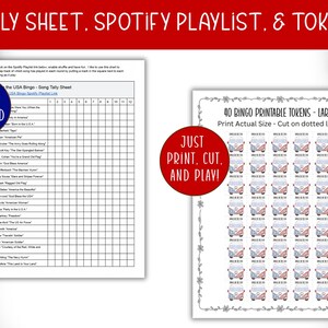 May include: Printable USA Bingo game set with a tally sheet, Spotify playlist, and 40 tokens. The tokens feature a red, white, and blue design. The text "Just Print, Cut, and Play!" is visible.