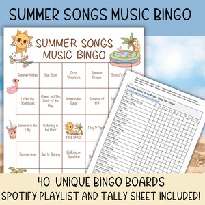 Puede incluir: Un juego de bingo musical de canciones de verano imprimible con 40 tableros de bingo &uacute;nicos, una lista de reproducci&oacute;n de Spotify y una hoja de conteo. El tablero de bingo presenta &iacute;conos y frases con tem&aacute;tica de verano como "Summer Nights", "Blue Skies", "Good Vibrations", "Summer Breeze", "Under the Boardwalk", "(Sittin' on) The Dock of the Bay", "Watermelon Sugar", "Summer of '69", "Summer in the City", "Saturday in the Park", "Play It Again", "Summertime", "Sun Is Shining", y "Walking on Sunshine".