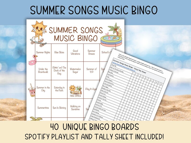 Puede incluir: Un juego de bingo musical de canciones de verano imprimible con 40 tableros de bingo &uacute;nicos, una lista de reproducci&oacute;n de Spotify y una hoja de conteo. El tablero de bingo presenta &iacute;conos y frases con tem&aacute;tica de verano como "Summer Nights", "Blue Skies", "Good Vibrations", "Summer Breeze", "Under the Boardwalk", "(Sittin' on) The Dock of the Bay", "Watermelon Sugar", "Summer of '69", "Summer in the City", "Saturday in the Park", "Play It Again", "Summertime", "Sun Is Shining", y "Walking on Sunshine".