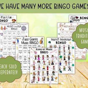 Puede incluir: Una colecci&oacute;n de tarjetas de bingo imprimibles con varios temas musicales, que incluyen "Bingo del M&uacute;sico de Abril", "Bingo de M&uacute;sica en los EE. UU.", "Bingo de M&uacute;sica de los Gigantes del Jazz", "Bingo del M&uacute;sico de Marzo", "Bingo de Iconos de M&uacute;sica" y "Bingo de Elvis Presley". Las tarjetas est&aacute;n dise&ntilde;adas con ilustraciones coloridas y presentan una variedad de &iacute;conos y temas musicales. El texto "M&uacute;sica y Juegos Tradicionales" se muestra en forma de nube en la parte superior de la imagen. El texto "Cada uno se vende por separado" se muestra en forma de nube verde en la parte inferior de la imagen.