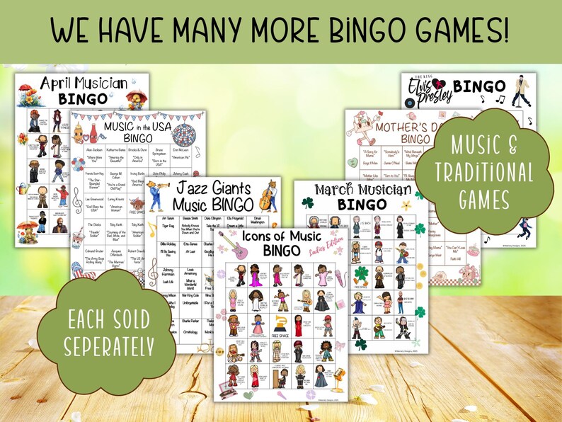 Puede incluir: Una colecci&oacute;n de tarjetas de bingo imprimibles con varios temas musicales, que incluyen "Bingo del M&uacute;sico de Abril", "Bingo de M&uacute;sica en los EE. UU.", "Bingo de M&uacute;sica de los Gigantes del Jazz", "Bingo del M&uacute;sico de Marzo", "Bingo de Iconos de M&uacute;sica" y "Bingo de Elvis Presley". Las tarjetas est&aacute;n dise&ntilde;adas con ilustraciones coloridas y presentan una variedad de &iacute;conos y temas musicales. El texto "M&uacute;sica y Juegos Tradicionales" se muestra en forma de nube en la parte superior de la imagen. El texto "Cada uno se vende por separado" se muestra en forma de nube verde en la parte inferior de la imagen.