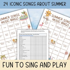 Puede incluir: Un juego de bingo musical de canciones de verano con una hoja de recuento imprimible. Las tarjetas de bingo presentan ilustraciones con tem&aacute;tica de verano y t&iacute;tulos de canciones como "Summertime" y "Summer Nights".