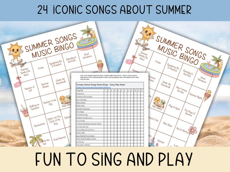 Puede incluir: Un juego de bingo musical de canciones de verano con una hoja de recuento imprimible. Las tarjetas de bingo presentan ilustraciones con tem&aacute;tica de verano y t&iacute;tulos de canciones como "Summertime" y "Summer Nights".