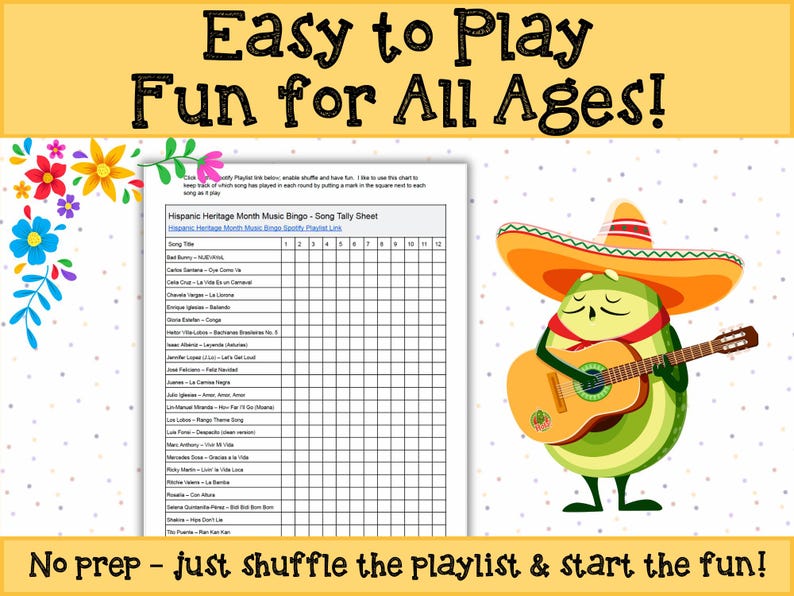 Music bingo boards highlighting famous Hispanic and Latinx artists.
