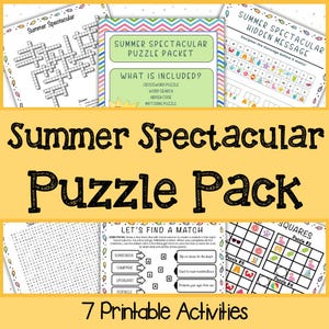 Puede incluir: Un conjunto de siete actividades imprimibles con temática de verano, que incluyen crucigramas, búsquedas de palabras y juegos de emparejamiento. El título "Summer Spectacular Puzzle Pack" se muestra de forma destacada, con acentos coloridos.