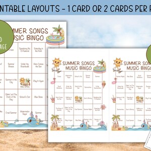 Puede incluir: Dos dise&ntilde;os imprimibles para un juego de bingo musical de canciones de verano. El primer dise&ntilde;o tiene una tarjeta de bingo por p&aacute;gina, y el segundo dise&ntilde;o tiene dos tarjetas de bingo por p&aacute;gina. Cada tarjeta tiene una cuadr&iacute;cula de 5x5 con t&iacute;tulos de canciones de verano.