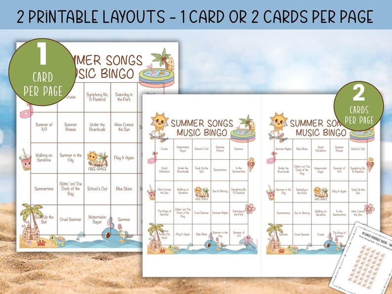 Puede incluir: Dos dise&ntilde;os imprimibles para un juego de bingo musical de canciones de verano. El primer dise&ntilde;o tiene una tarjeta de bingo por p&aacute;gina, y el segundo dise&ntilde;o tiene dos tarjetas de bingo por p&aacute;gina. Cada tarjeta tiene una cuadr&iacute;cula de 5x5 con t&iacute;tulos de canciones de verano.