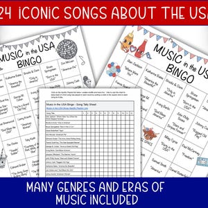 May include: Two bingo cards with the text "MUSIC in the USA BINGO" and song titles. The top banner reads "24 ICONIC SONGS ABOUT THE USA." The bottom banner reads "MANY GENRES AND ERAS OF MUSIC INCLUDED."