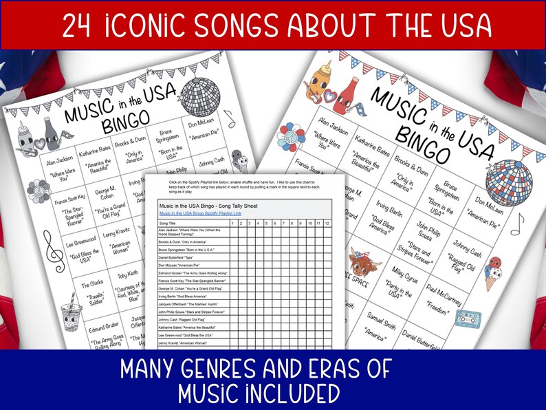 May include: Two bingo cards with the text "MUSIC in the USA BINGO" and song titles. The top banner reads "24 ICONIC SONGS ABOUT THE USA." The bottom banner reads "MANY GENRES AND ERAS OF MUSIC INCLUDED."
