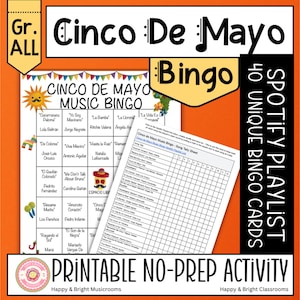 Cinco de Mayo Bingo, Printable Music Game with Spotify Playlist, Middle School Music Mexican Printable Game, Music Bingo Game Download