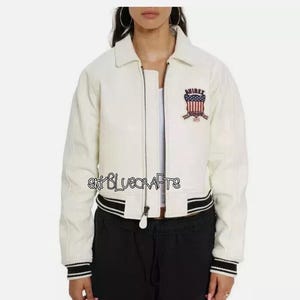 Veste courte AVIREX Icon Women White American Bomber Flight en cuir véritable souple, veste d'hiver, veste vintage, cadeau Saint-Valentin pour lui.