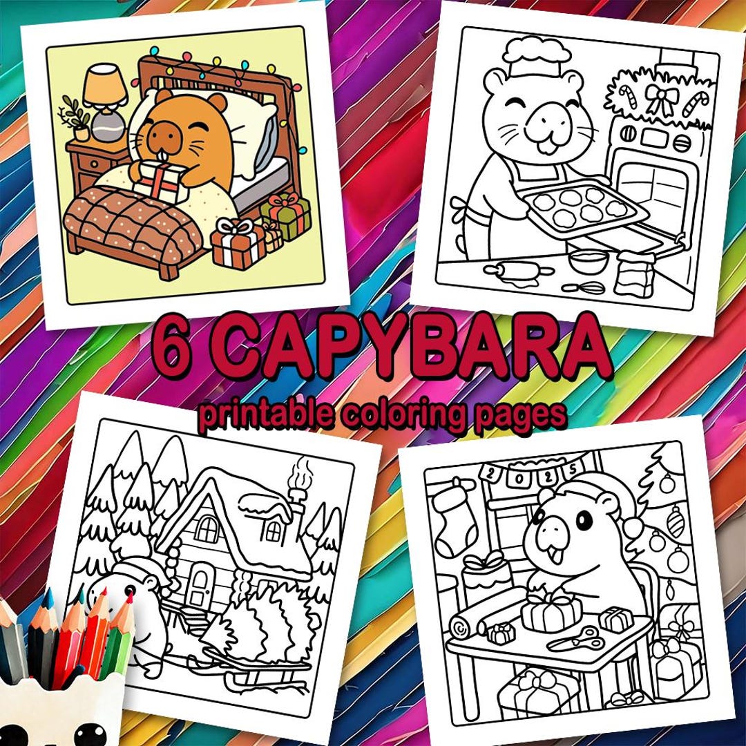 Capybara Christmas Coloring Pages Bundle for Kids, 6 Pages Aesthetic ...