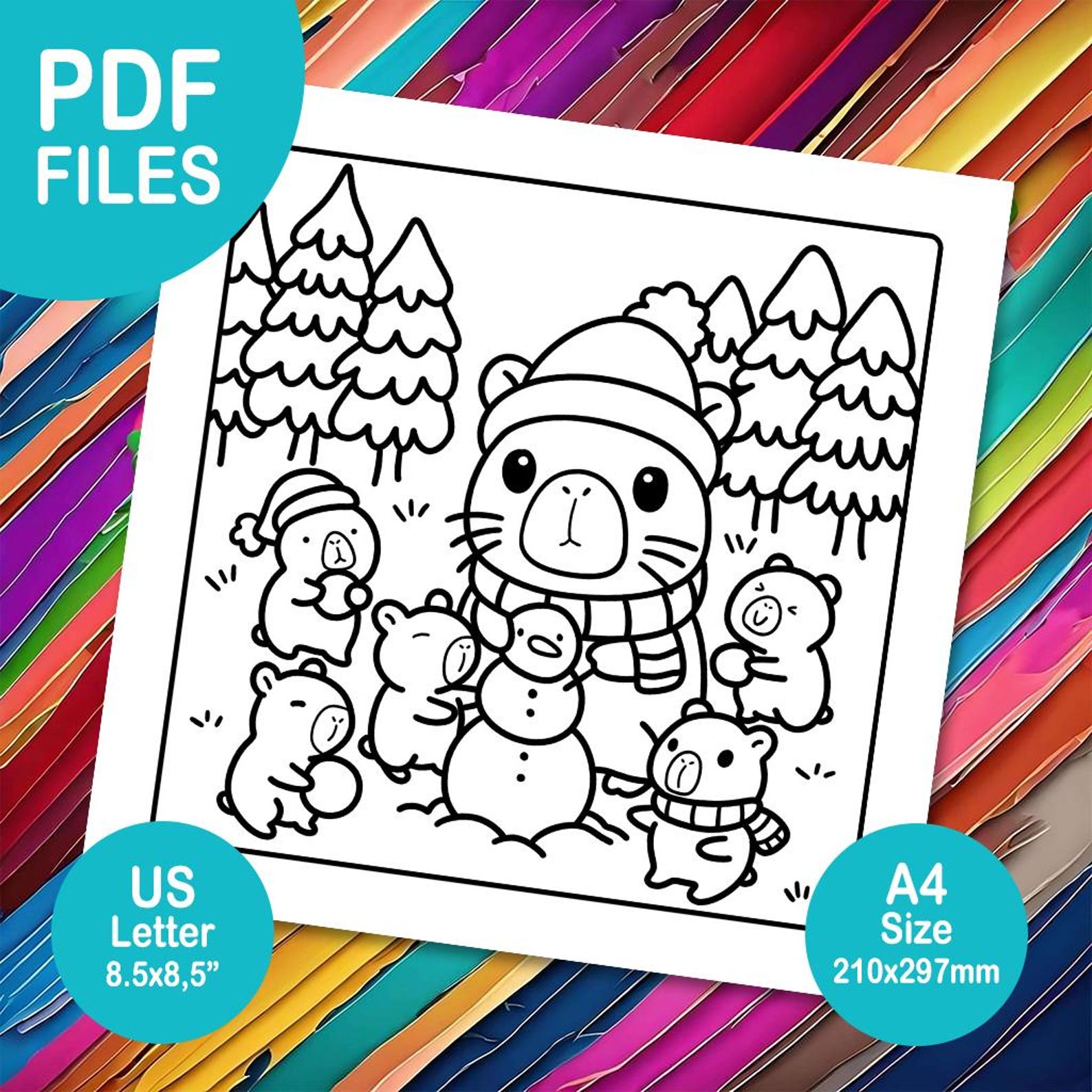 Capybara Christmas Coloring Pages Bundle for Kids, 6 Pages Aesthetic ...