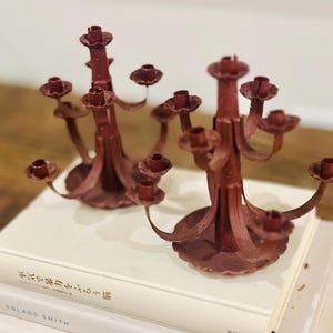 Vintage Red Mini Metal Candelabra Pair 9-Arm Rustic Taper Candle Holders