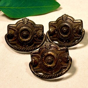 May include: Three antique bronze drawer pulls with a decorative design. Each pull features a central circular element, a curved handle, and ornate detailing. The pulls are arranged on a neutral background, with a green leaf in the upper left corner.