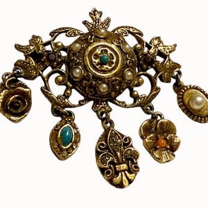 Vintage Goldette Dangle Brooch Ornate Faux Pearl Turquoise Charm Statement Pin 3 Inch Signed