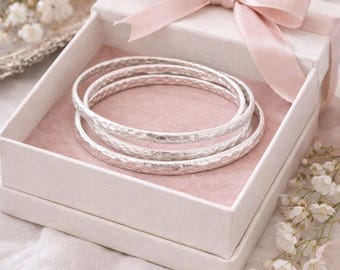 Vintage Hammered Sterling Silver Bangle Set, Thin Stacking Bracelet, Minimalist Everyday Jewelry