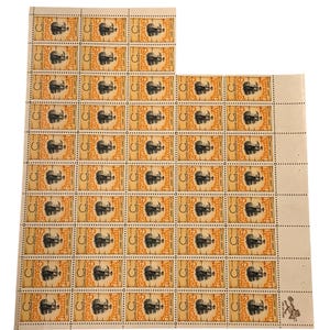 May include: Sheets of vintage postage stamps. Each stamp features a black illustration of a person and the text "GRANGE" and "5 CENTS". The stamps are arranged in rows and columns on a light orange background.