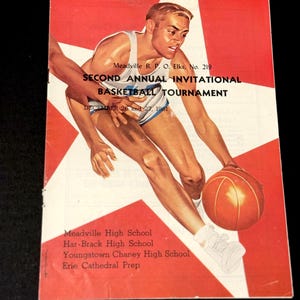 May include: Vintage basketball tournament poster with a red and white starburst design. The poster features a basketball player dribbling a ball, with text that reads "SECOND ANNUAL INVITATIONAL BASKETBALL TOURNAMENT" and the date "DECEMBER 26 and 27, 1961."
