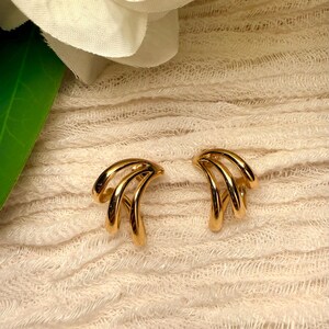 Vintage Givenchy Gold Triple Ribbon Loop Elegant Abstract Wave Stud Earrings, Signed Givenchy
