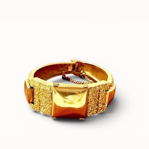 Vintage Monet Gold Tone Hinged Bangle Bracelet Wide Textured Statement Cuff
