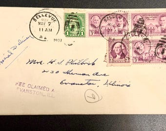 1937 US Special Delivery Cover Bellevue Pennsylvania to Evanston Illinois Fee Claimed Handstamp