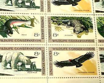 Vintage Wildlife Conservation Stamp Sheet: Polar Bear, Condor, Trout, Alligator (8 Cent)