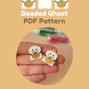 May include: A digital PDF pattern for beaded ghost earrings. The earrings are white with black eyes and a pumpkin. The image also shows the text "Beaded Ghost PDF Pattern", "Brick Stitch or Peyote Stitch", and "Digital Download".