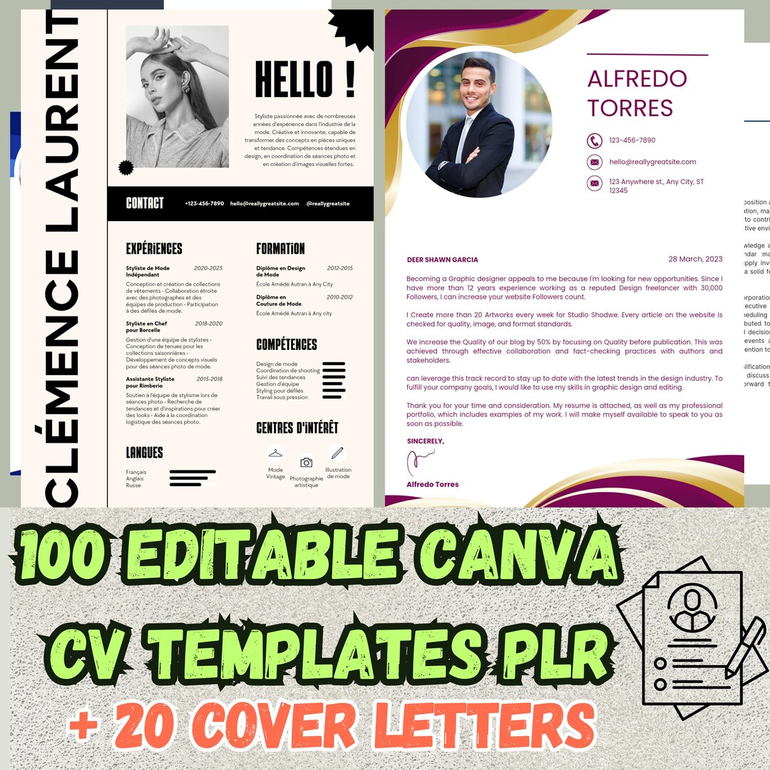 100 Editable Canva CV Templates PLR+20 Cover Letters,rebrandable Resume ...