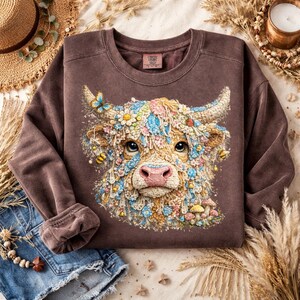 Patchwork Highland Cow PNG SVG, Rustic Farmhouse Quilt Cow Clipart, Boho Floral Cow Sublimation Design Digital Download