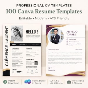 100 plantillas de CV editables de Canva (PLR + 20 cartas de presentación), paquete de CV personalizable, compatible con ATS, descarga digital para reventa, kit de solicitud de empleo