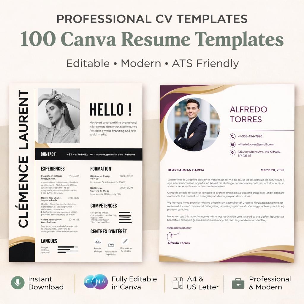 100 Editable Canva CV Templates PLR+20 Cover Letters,rebrandable Resume ...