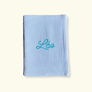 Personalized health record cover with first name, blue hand embroidery, double gauze fabric, birth gift idea