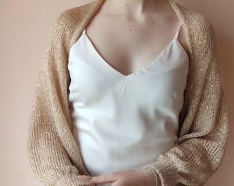 Bolero de mohair dorado con lentejuelas, chaqueta de novia, bolero de punto brillante, elegante capa para los hombros, chal de boda brillante